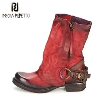 Prova Perfetto 2017 Winter Boots Women Do Old Leather Inner Fur Warm Bota Buckle Fashion Mid-calf Motorcycle Boots Large Size prova perfetto fashion genuine leather zipper side motorcycle boots rivet stud belt buckle round toe thick bottom short boots