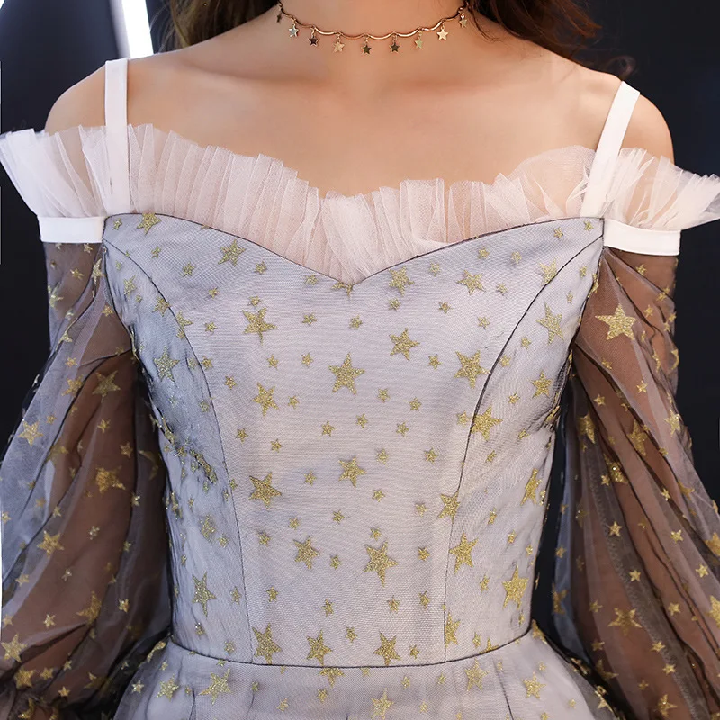 Evening Dress Long Full Stars Embroidery Pattern Party Gowns Sexy Boat Neck Half Sleeve Floor Length Formal Prom Dresses E059