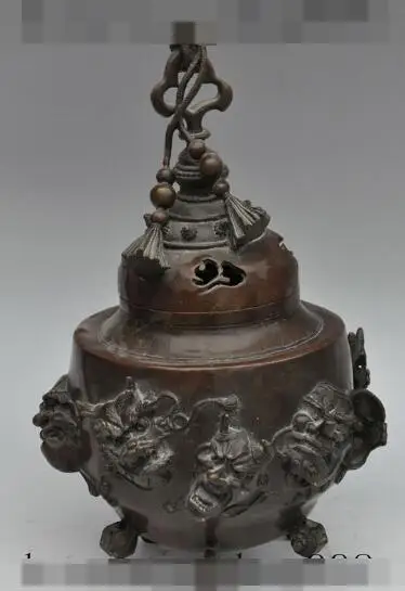

S01354 14"China Bronze Temple Gourd Japan God Devil Head Statue Incense Burner Censer (B0413)