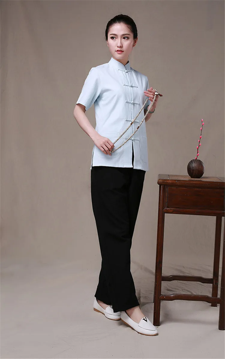 7 цветов Кунг-Фу рубашка с короткими рукавами Китайский традиционный хлопок Костюмы Тан костюм топ тайцзи ушу костюм для Для женщин