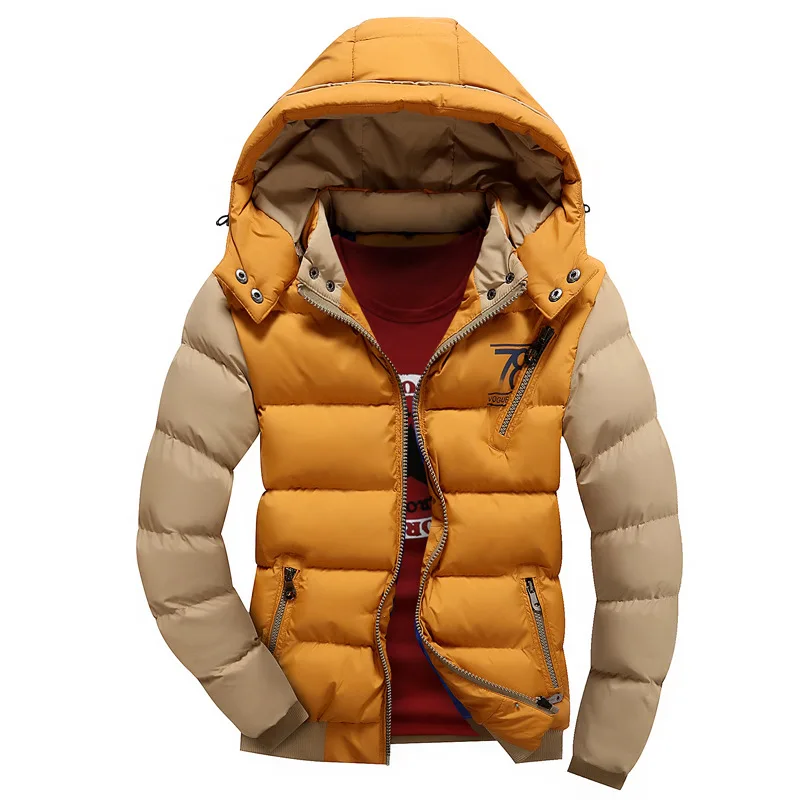 

Cotton Padded Winter Mam Jacket Warm Outwear Patchwork Hooded Casual Fashionable Parka Men Coat Cotton Contrast Color Button