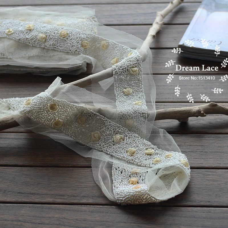 

1.8Yards 5cm Seed Beaded Flower Lace Trim Ivory Bead Trim Applique Sew On Patches Trim DIY Accessories Sewing Supply