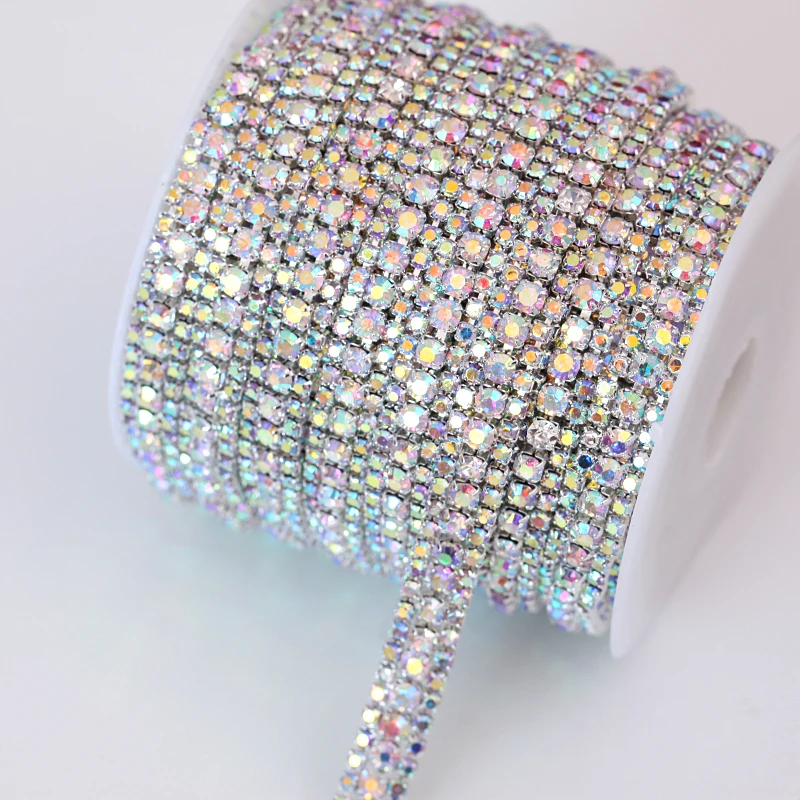 

1 Yard 91.5cm 3 Rows Crystal AB Glass Strass Sew On Rhinestone Chain with Silver Base Rhinestone Cup Chain Trimming B1685