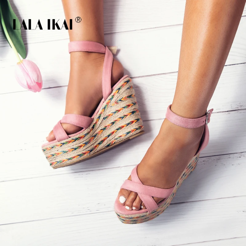 

LALA IKAI Women Cross Tied Buckle Wedges Flock Sandals Summer Open Peep Toe High Heels Espadrilles 014C2089 -4
