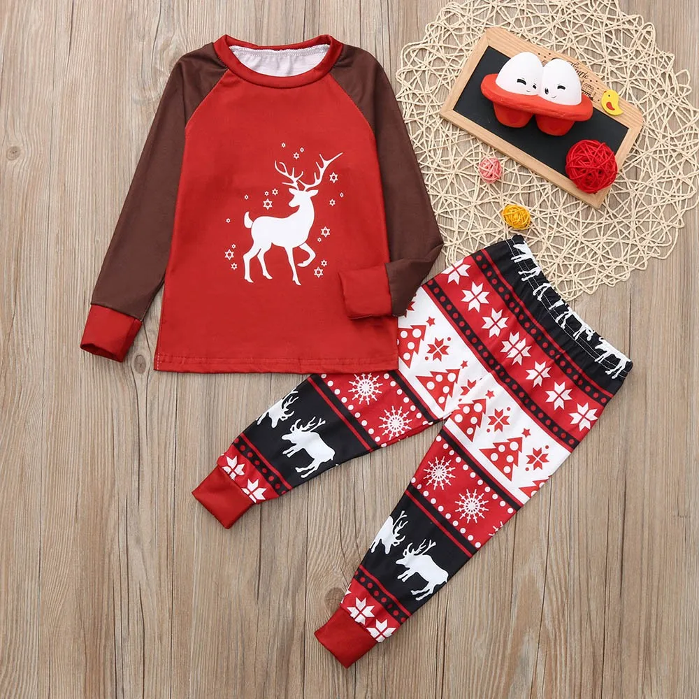 Комплект из 2 предметов, Рождественский детский топ с принтом оленя+ штаны, семейная одежда, пижамы, одежда на год, красная хлопковая Милая одежда,# ss