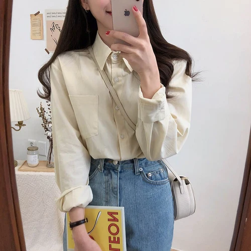 

Long Sleeve Simple Pocket Solid Causal Street Turn Down Collar Basic All Match Button Line Female Women Shirts