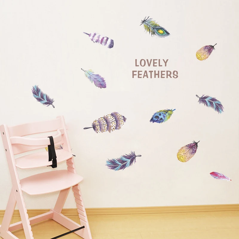 Colorful Lovely Feather Wall Stickers For Home Decoration Accessories PVC For Living Room Bedroom DIY Mural Decor Wall Art Decal