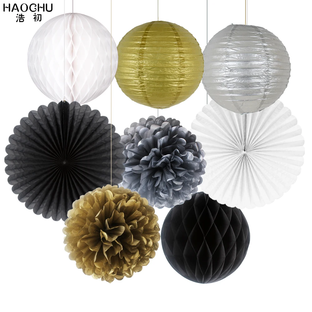 

8pcs Mix Set Round Paper Lanterns Tissue Paper Honeycomb Balls Gold Silver Wedding Flowers Birthday Party Baby Shower Decoration