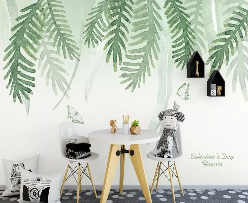 Beibehang Wallpaper Nordic hand painted small fresh leaves palm leaves indoor background wall living room bedroom 3d wallpaper