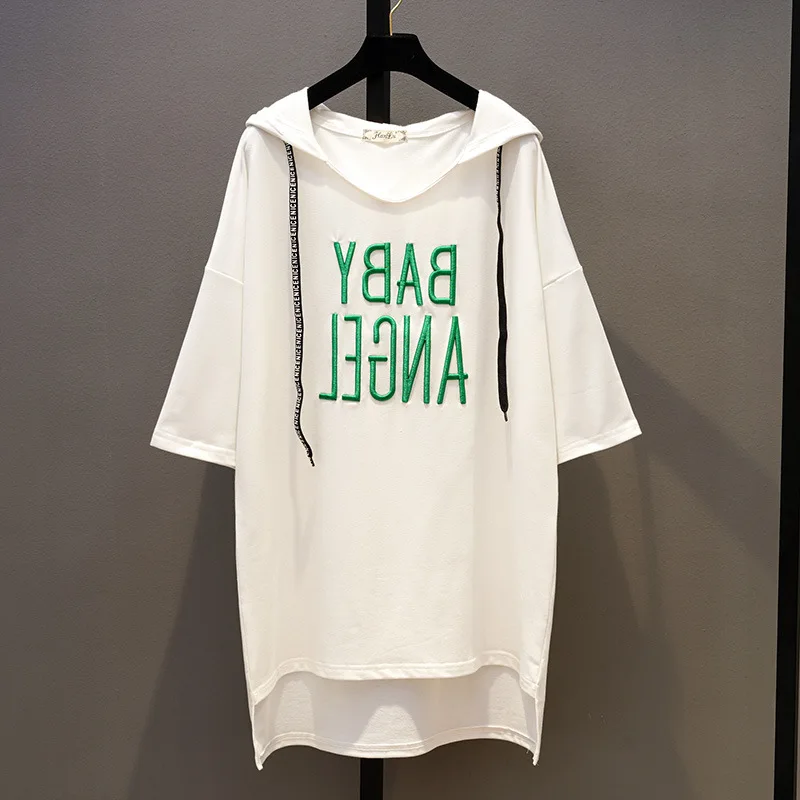 Женская летняя футболка с капюшоном и буквенным принтом с коротким рукавом, Свободная Повседневная Длинная футболка - Цвет: white