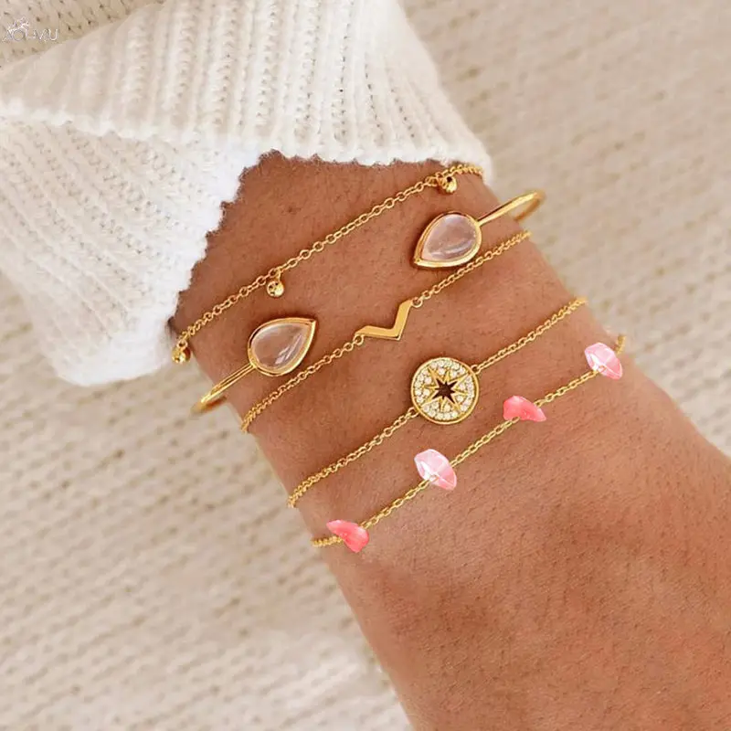 

AOMU 1SET Metal Gold Geometric Round Irregular Bracelet Waterdrop Pink Crystal Rhinestones Anklet Bracelet Party Jewelry
