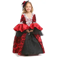 H& ZY/Детские платья с длинными рукавами для девочек в стиле вампира, средневековой королевской принцессы кружевное красное платье в готическом стиле с цветочным узором для Хэллоуина
