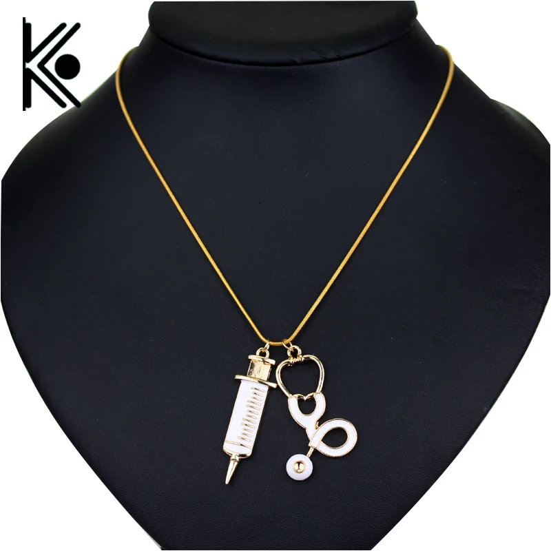 Trendy Medical Stethoscope Syringe Pendant Necklace Snake Chain Needle