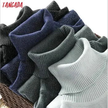 

Tangada Winter Women Solid Turtleneck Sweater Pullovers Silver Lurex Gray Ladies White Basic Sweaters Slim Fit Warm Tops AQX03