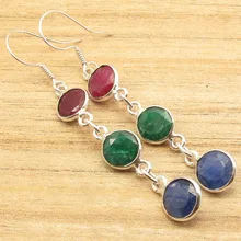 

6.3 cm Silver Plated MOONSTONE & Other Gems Variation 3 Gem LONG Earrings