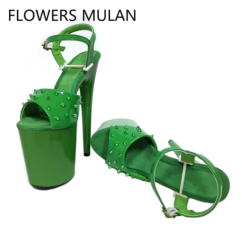 

Summer Latest Design Green Leather Upper With Rivets Fashion Lady Dancing Shoes Peep Toe Platform Super High Heels Sandals Women