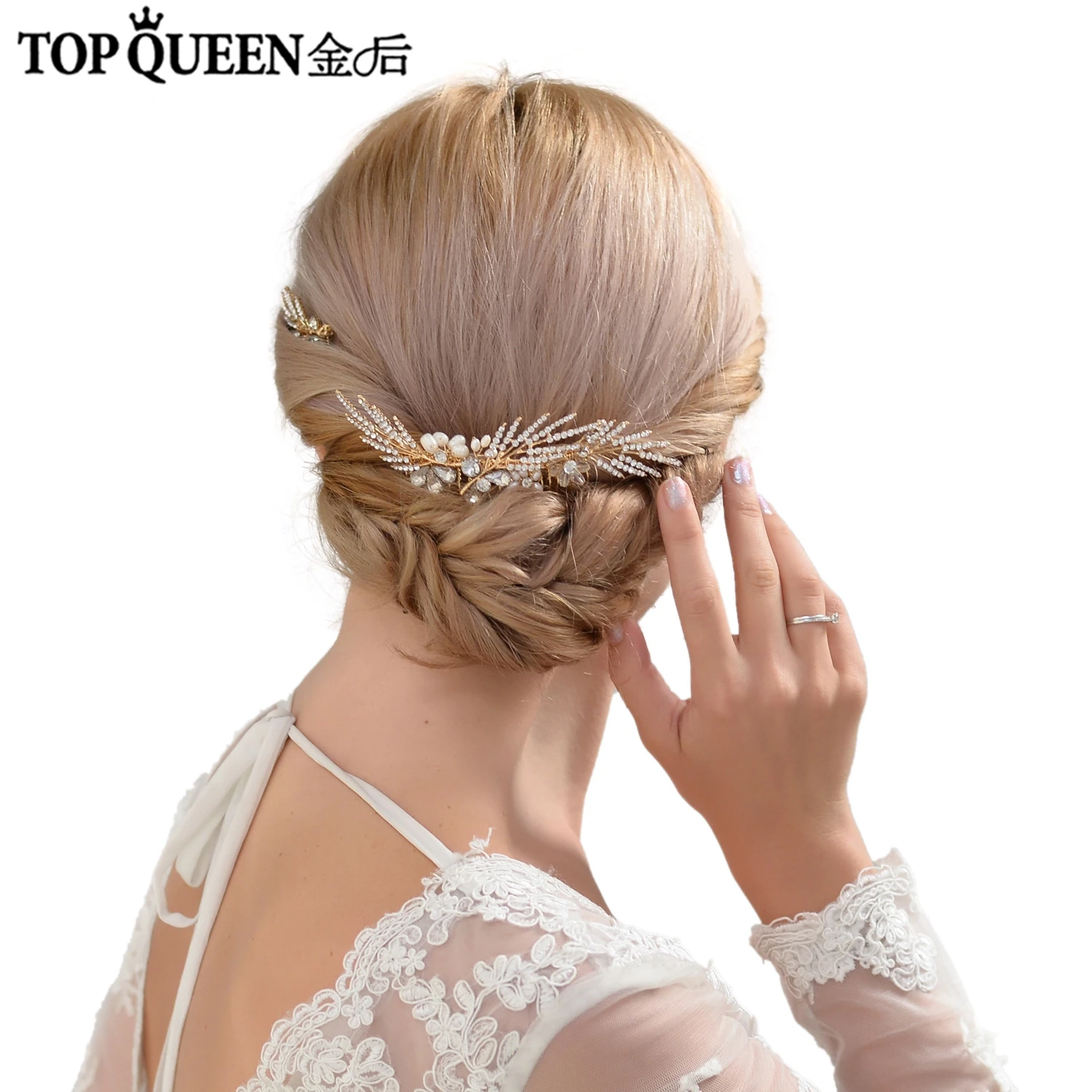 TOPQUEEN HP01-Set, Свадебные элегантные аксессуары, Золотая расческа для волос невесты с кристаллами и жемчугом для вечеринки, быстрая