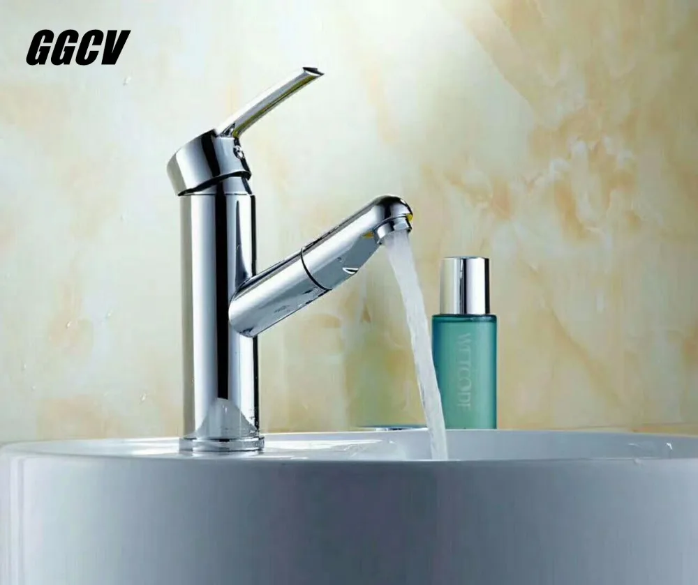 

GGCV lavatory wash basin faucet single handle pull-out sink mixer all copper faucet configure the dual 50cm hot water pipe
