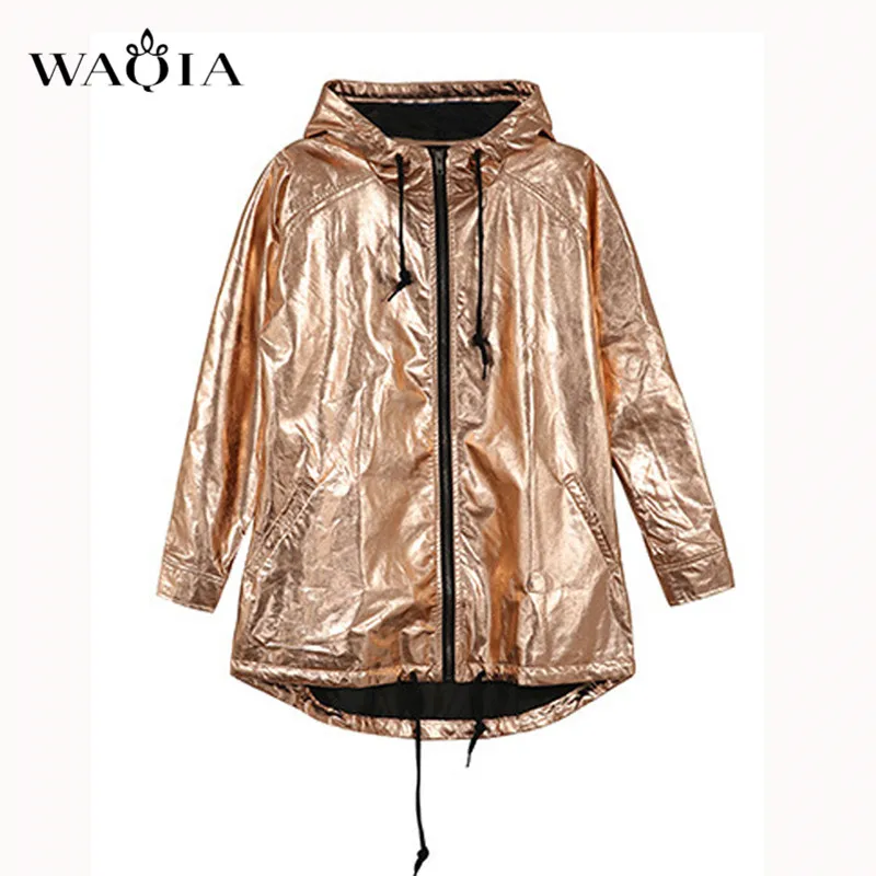 WAQIA Punk Metallic Color Hooded Basic Jacket Coat Women Lace Up Pocket Biker Jacket Outwear Autumn Casual Zipper Bomber Jacket