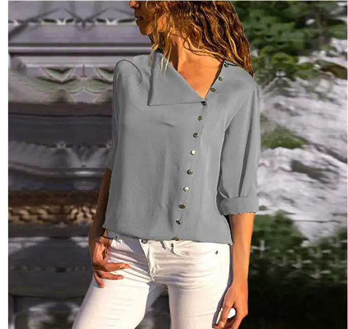 Irregular Skew Collar Button Blouse Shirt Women Casual Woven Chiffon Ladies Long Sleeve Womens Tops and Blouses Female Shirt