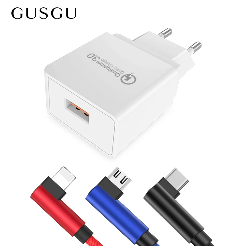 

GUSGU Fast Phone Charger Quick Charge 3.0 EU Plug Travel Wall USB Charger for iphone Samsung With Data Cable