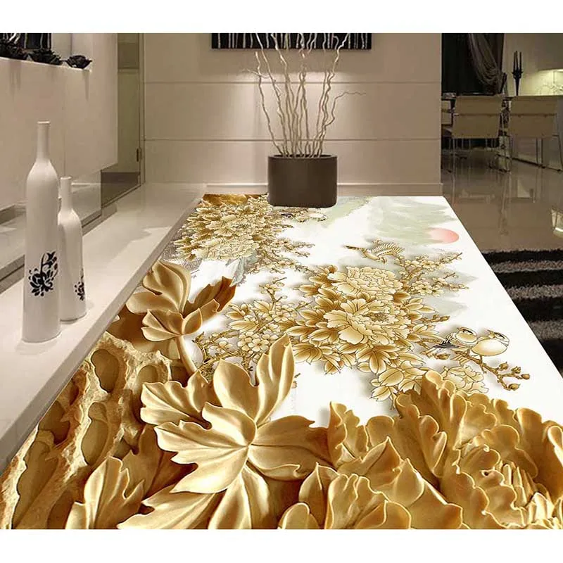 

Vintage Custom 3D Woodcarving Flowers Floor Wallpaper Wear Non-slip Thickened Self-adhesive PVC Floor Sticker Wall Paper