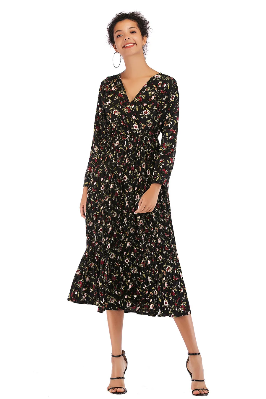 Gladiolus Hot 2018 Autumn Dress Women Long Sleeve V-Neck Sexy Floral Print Tunic Loose Midi Chiffon Dress Women Beach Sundress (18)