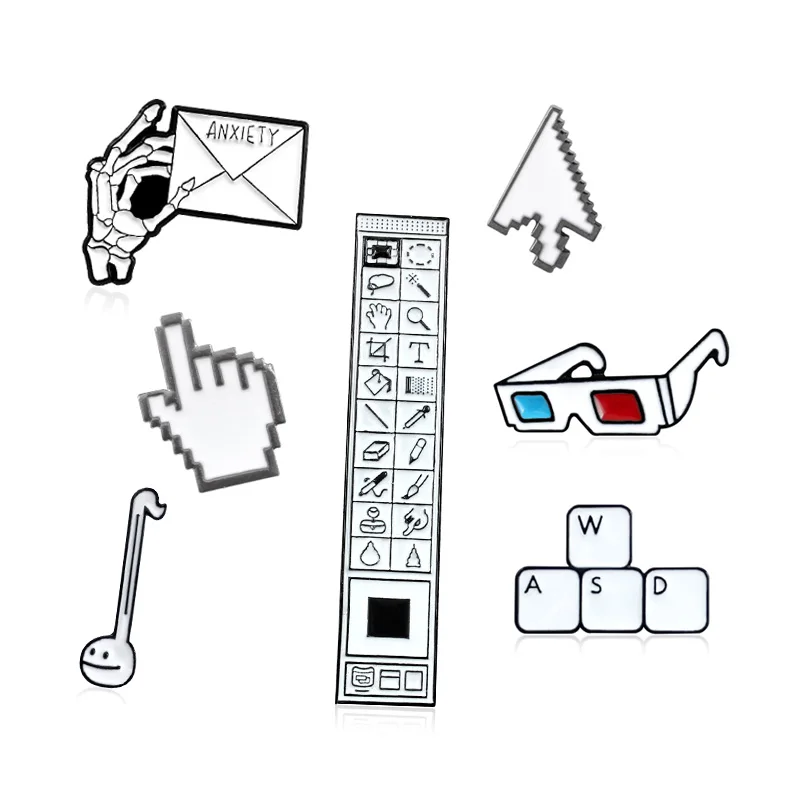 

Computer Cursor Tool Brooch PS Toolbar Keyboard WASD Arrow Palm Cursor Indicator 3D Glasses Note Enamel Pin IT Worker Badge Gift