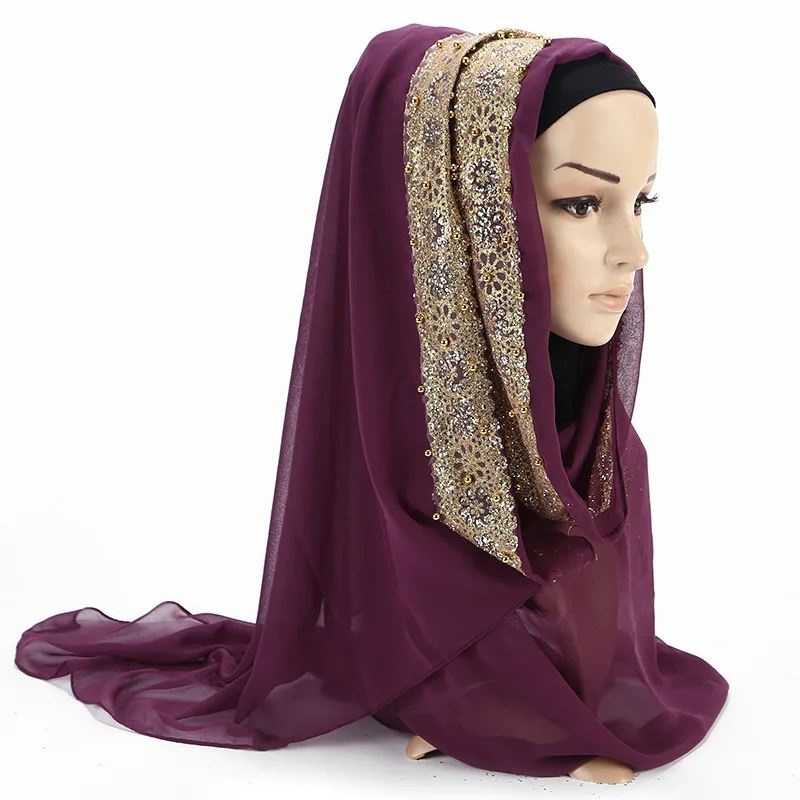 Мусульманское платье жемчужный Кружевной Шарф Монохромный хиджаб тюрбан Femme платок