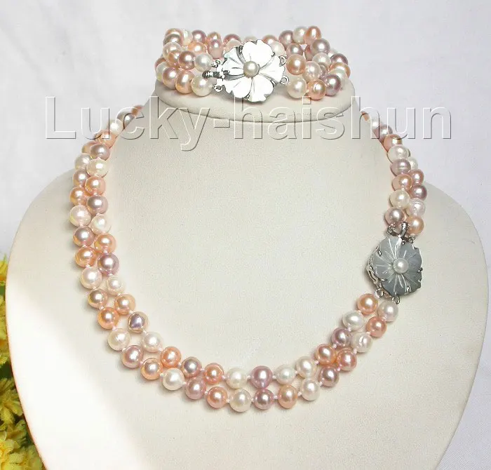 

Free Shipping >> natural 17" 8" 2row round Multicolor pearls necklace bracelet set