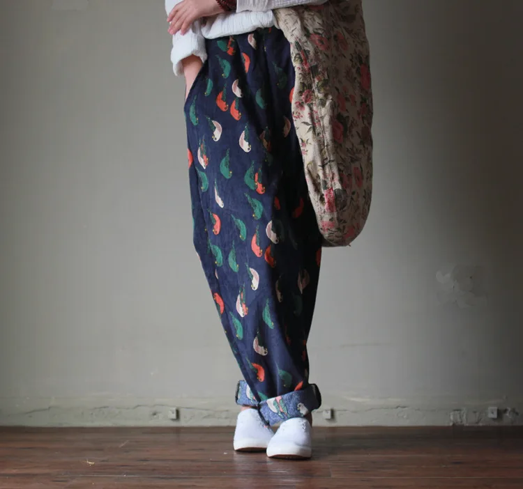 Johnature, женские брюки с принтом птицы, свободные, весна, новые теплые вельветовые повседневные винтажные оригинальные свободные хлопковые льняные женские брюки