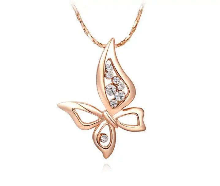 

Tin Alloy Women Luxury Jewelry Austrian crystal Rose gold /Silver four-winged butterfly Pendant necklace