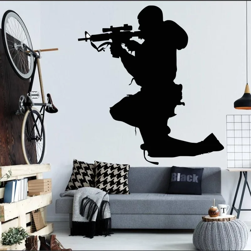 

Man Soldier Sniper Silhouette Wall Mural Home Bedroom Cool Decorative Wall Sticker Military Series Art Vinyl Wall Decals M-82
