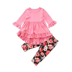 2 шт. Дети девочек розовый слоистых с длинным рукавом Розовое платье Футболка и штаны с цветочным принтом наряды с леггинсами комплект