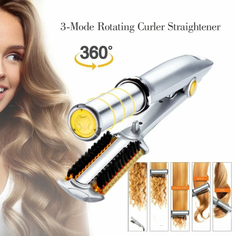 

Pro 3 in 1 2-Way Rotating Curling Iron Hair Brush Curler Straightener New