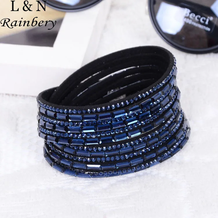 Rainbery 2016 New Fashion Leather Wrap Wristband Women Cuff Punk Full Rhinestone Velvet Bracelet Bangle