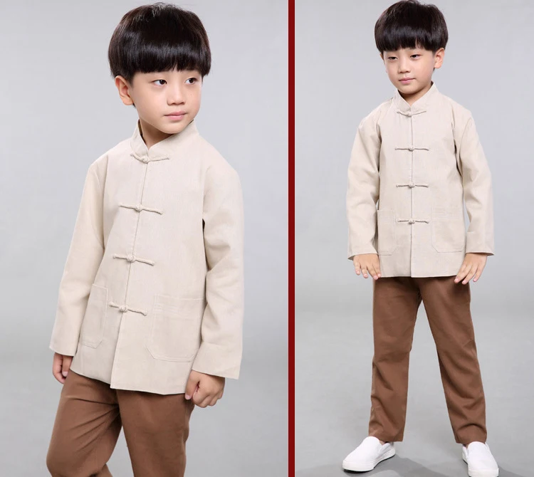 Новая Осенняя однотонная белая рубашка с длинными рукавами для детей 100% хлопковая куртка в китайском стиле для мальчиков с кунг-фу