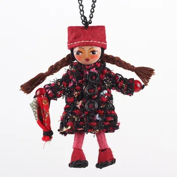 

Bonsny Handmade Doll Necklace French Girl Statement Fabric Long Chain Pendants 2016 New Cute Choker Girls Women Accessories Cute