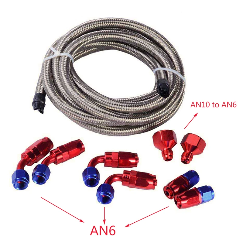 

3 Meter An6 Double Stainless Steel Braided Oil/Fuel Hose With 0+90+45 Degrees Fittings AN6 Conversion Fitting End Adaptor Kit