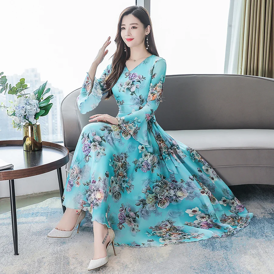 

Autumn Winter Long Sleeve Dresses White 2019 Vintage 3xl Plus Size Floral Chiffon Midi Dress Elegant Women Bodycon Party Vestido