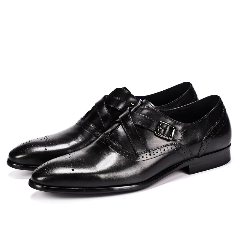 Men Single Monk Strap Shoes Round Toe Brogue Shoes With Buckle Straps Genuine Leather Shoes Black Brown Party Wedding Shoes - Цвет: black