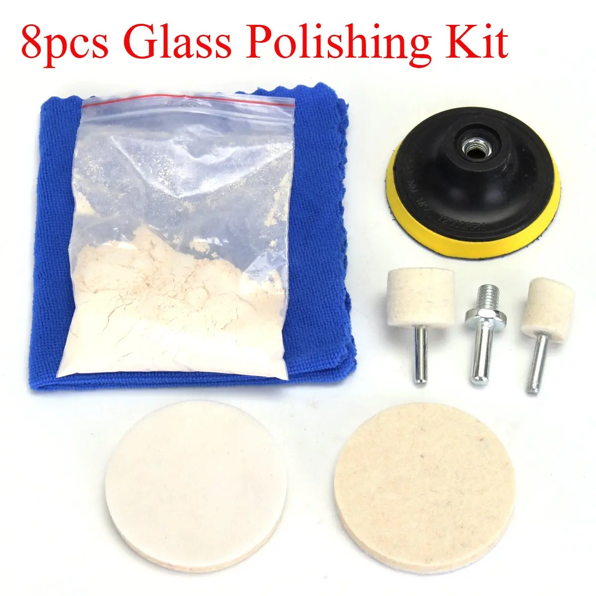 Koop 70g Ceriumoxidepoeder + Vilt Wiel + Vilt Wiel + Disc + Boor Adapter + 2 stks Pad + doek 8 stks Glas Scrach Remover Poli shing Set