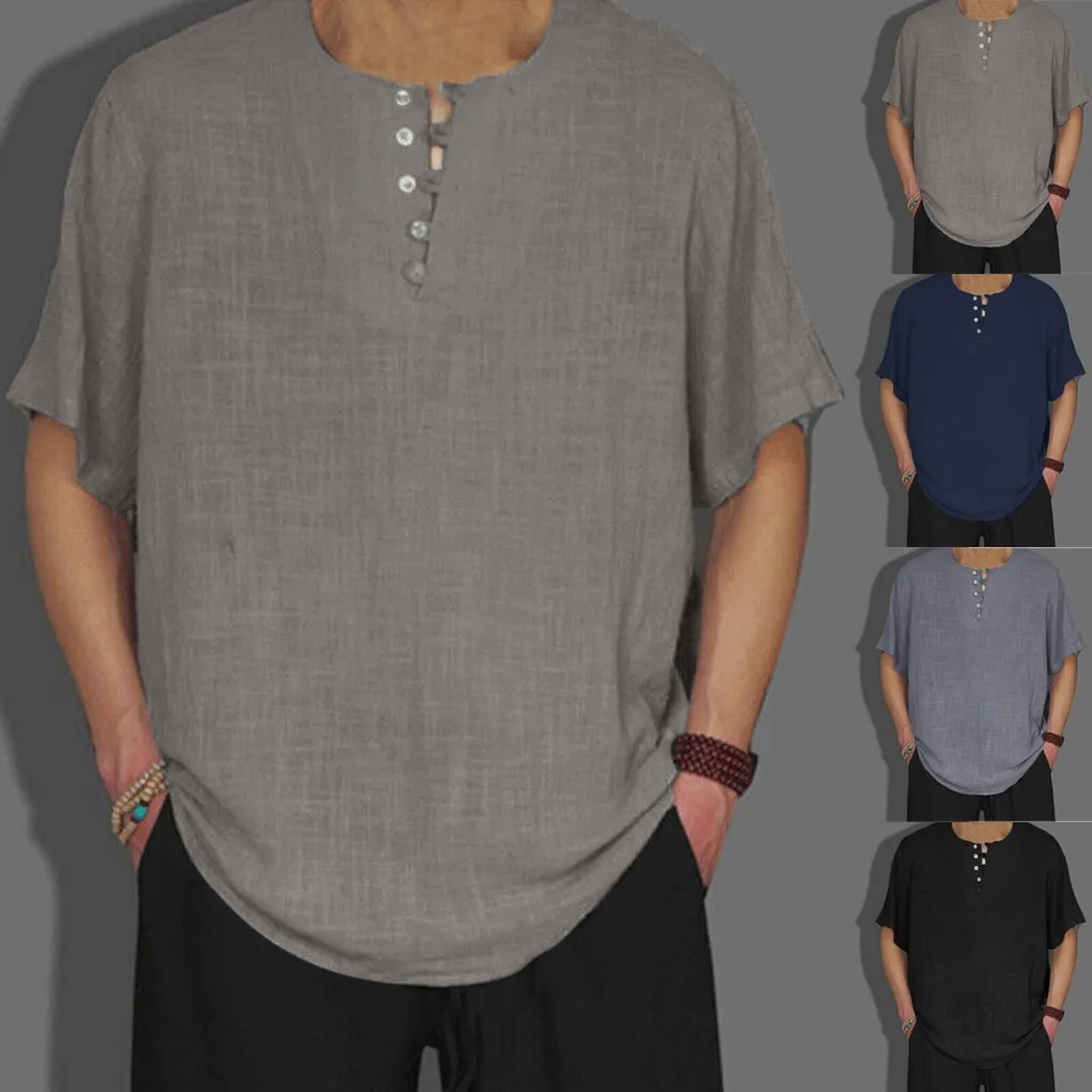 

Short Sleeve Top Men's Baggy Cotton Linen Solid Color Short Sleeve Retro T Shirts Tops Blouse