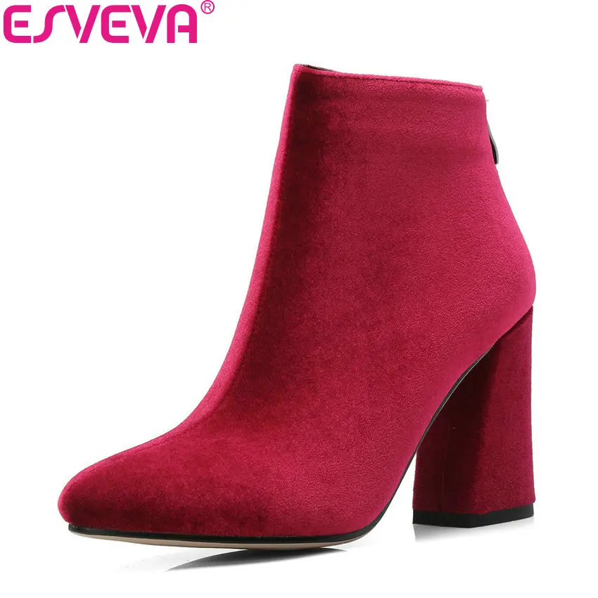 

ESVEVA 2019 Women Shoes Square High Heels Pointed Toe Winter Boots Ankle Boots Zip Fashion Square Heels Woman Shoes Size 34-43