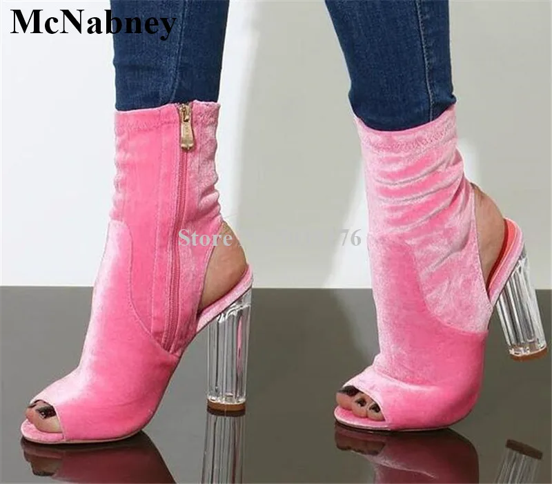 

Fashion Solid Flock Ladies Short Boots New Pink Zipper Peep Toe High Round Heels Mid-Calf Boots Spring/Autumn Women Shoes