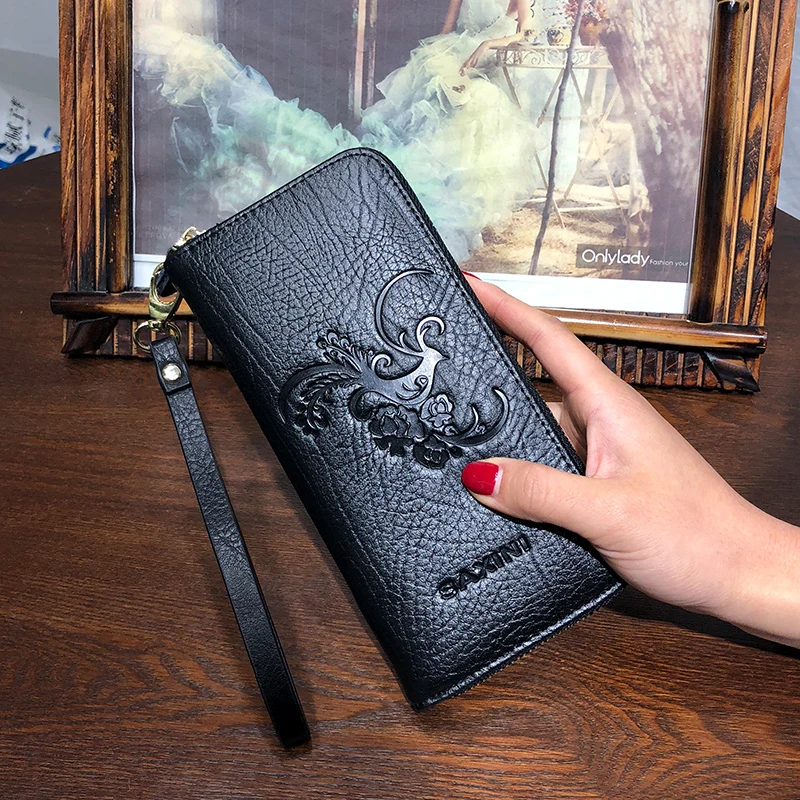 

AOEO wallet women genuine leather Purse Female Long Clutch High Capacity Embossed Coin Purse Card Phone Holder wallets for girls