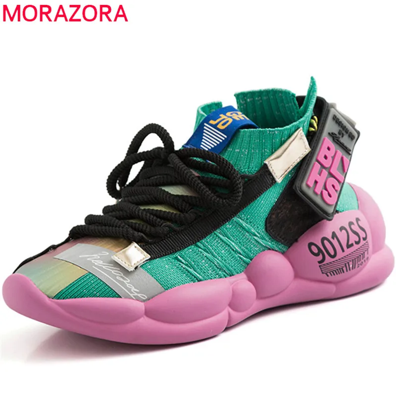 

MORAZORA Newest women sneakers elastic fabric breathable casual shoes lace up spring summer flat platform sneakers woman shoes