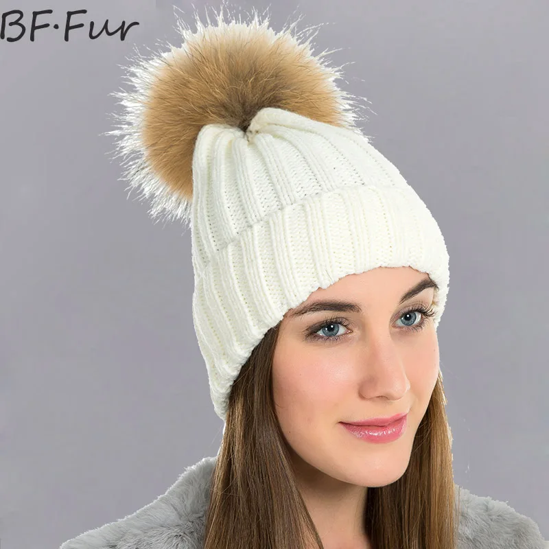 BFFUR Real Raccoon Fur Beanies Hats For Women Winter Warm Natural Color