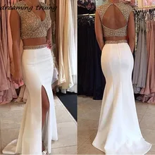 Dreaming Truing золото вышито бисером с блестками 2/2 шт Белое выпускное платье длинные женские вечерние платья с боковым платье с разрезом De Bal