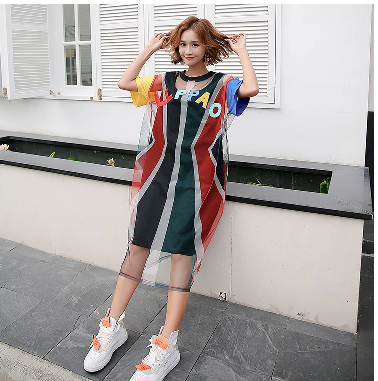 Корейская мода Искусственный 2 шт футболка платье сетка сплайсированные прозрачные платья размера плюс свободные летние платья